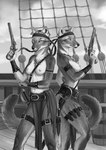 anisis anthro barrel belt bottomwear breasts canid canine clothed clothing dagger darwin's_fox duo ear_piercing ears_up female flintlock_pistol fox fur greyscale gun hi_res identical_twins knife loincloth looking_at_viewer mammal melee_weapon monochrome navel nipples no_bra outside piercing pirate pirates pivoted_ears ranged_weapon ship sibling_(lore) sister_(lore) sisters_(lore) small_breasts smile south_american_fox standing_side_by_side sword topless topless_anthro topless_female twins_(lore) vehicle watercraft weapon