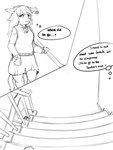 3:4 anthro bottomwear canid canine clothed clothing collared_shirt comic dialogue ears_down english_text female hair hi_res kemono mammal monochrome necktie pivoted_ears rapel school_uniform sketch skirt solo speech_bubble stairs stairway standing student text uniform worried worried_face worried_look