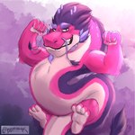 1:1 2021 anthro asian_mythology countershading crazydrak dragon east_asian_mythology eastern_dragon facial_hair fangs feet flexing fur furred_dragon furred_scalie goatee hair heart_symbol hi_res long_(wish_dragon) long_body looking_at_viewer male muscular muscular_anthro muscular_male mythological_creature mythological_scalie mythology pawpads pink_body pink_fur purple_hair raised_arms scalie smile solo tail tail_tuft teeth tuft watermark whiskers wish_dragon