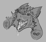 anthro bodily_fluids bukmar cum cum_in_mouth cum_inside disembodied_hand fur genital_fluids head_grab looking_at_viewer male maslina monochrome open_mouth sergal simple_background solo teeth tongue