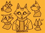 2023 5_fingers anthro artist_name clothed_male clothing coat digital_media_(artwork) domestic_cat ellipsis felid feline felis fingers front_view frown fur gesture greengrizz hand_gesture klaus_(greengrizz) line_art looking_aside male mammal mouth_closed orange_background orange_body orange_clothing orange_coat orange_fur orange_sweater orange_topwear pointing pointing_up pupils rear_view side_view simple_background slit_pupils solo striped_body striped_fur stripes sweater topwear worried