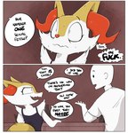 2018 alcohol anthro beverage border braixen clothed clothing comic dialogue duo english_text female fur generation_6_pokemon hi_res human male mammal nintendo open_mouth pokemon pokemon_(species) shoutingisfun speech_bubble text white_border