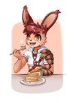 absurd_res anthro armor brown_body brown_fur brown_hair cake carrot carrot_cake clothed clothing crop_top dessert eating food fur gauntlets glass_(oc) gloves hair handwear heart_symbol hi_res jewelry kenoxpictures lagomorph leporid long_ears male mammal necklace open_mouth orange_eyes plant rabbit shirt simple_background smile solo tongue topwear vegetable