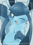 2021 3_toes black_nose blue_background blue_body blue_eyes blue_fur blue_theme blush bodily_fluids cute_fangs ear_tuft eeveelution feet fur generation_4_pokemon glaceon gloves_(marking) kemono looking_at_viewer markings neck_tuft nervous nintendo one_eye_closed open_mouth paws pokemon pokemon_(species) simple_background simple_nose sitting socono_noa solo sweat sweatdrop toes tuft