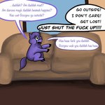 1:1 baby_talk cuddlybloodily dialogue english_text feral fluffy_pony fluffy_pony_(species) fur furniture hi_res male mammal offscreen_character profanity purple_body purple_fur sid_(cuddlybloodily) sofa solo suina text window