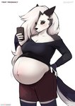 absurd_res alternate_version_at_source anthro bahnbahn belly big_belly bottomwear breasts canid canid_demon canine cellphone cleavage clothed clothing demon electronics english_text female fingers fur grey_body grey_fur hair hand_on_hip hellhound helluva_boss hi_res legwear long_hair looking_down loona_(helluva_boss) mammal midriff motion_lines motion_outline multicolored_body multicolored_fur mythological_canine mythological_creature mythology narrowed_eyes pants phone portrait pregnant pregnant_anthro pregnant_female red_sclera selfie shorts simple_background smartphone solo standing stockings tail text thigh_highs three-quarter_portrait topwear two_tone_body two_tone_fur url white_background white_body white_eyes white_fur white_hair