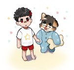 anthro baby blep brown_body brown_fur canes_(live_a_hero) canid canine canis child clothing domestic_dog duo fur hand_holding human lifewonders live_a_hero male mammal onesie sterio syukapong tongue tongue_out young