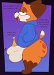 anthro balls big_bulge big_butt bottom_heavy bouncing bouncing_balls bouncing_bulge bouncing_butt bulge butt canid canine clothed clothing colored comic_sans detailed_bulge dialogue digital_drawing_(artwork) digital_media_(artwork) dipstick_tail english_text fangs fox fur genital_outline genitals hat headgear headwear hi_res hoodie kinktober male mammal markings multicolored_body multicolored_fur open_mouth party_hat penis_outline purple_background simple_background solo soups_(superiorfox) spots spotted_butt tail tail_markings teeth text topwear zlut385