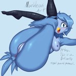 anthro anus avian avian_feet beak big_butt bird blue_body blue_eyes blue_feathers blue_hair blue_legs blush blush_lines breasts butt butt_focus dialogue feathers female fluffy genitals hair happy huge_butt legs_up looking_at_viewer lying marbleous martlet_(undertale_yellow) monster neck_tuft nervous nipples open_mouth presenting presenting_anus presenting_hindquarters presenting_pussy pussy shy smile smiling_at_viewer solo tail tail_feathers talking_to_viewer text thick_thighs tongue tuft undertale_yellow