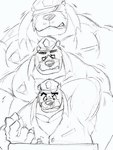 2023 anthro bear biped brok_(brok_the_investigator) brok_the_investigator clothing cowcat_games duo hat headgear headwear hi_res kemono macro male mammal monochrome musclegut muscular overweight overweight_male r.j._(brok_the_investigator) shirt size_difference skydon topwear