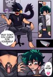 avian bird blush byjovewhataspend chastity_cage chastity_device comic dark_shadow dialogue duo english_text fumikage_tokoyami genitals hi_res human humanoid izuku_midoriya male male/male mammal my_hero_academia penis text