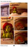 3d_(artwork) absurd_res bed bed_sheet bedding big_breasts breasts comic dialogue digital_media_(artwork) duo ear_piercing ear_ring elf felicia_(tahlian) female furniture goblin green_body green_skin hair hi_res humanoid humanoid_pointy_ears nipples not_furry nude piercing pubes red_hair ring_piercing short_stack tahlian text url window