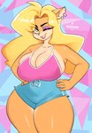 abstract_background absurd_res activision anthro artist_name bandicoot big_breasts bottomwear breasts cleavage cleavage_overflow clothed clothing crash_bandicoot_(series) curvy_figure ear_piercing eyebrows eyelashes eyeshadow female gloomyacid hair hands_on_own_hips hi_res hotpants huge_breasts long_hair looking_at_viewer makeup mammal marsupial piercing portrait shorts solo standing tawna_bandicoot thick_thighs three-quarter_portrait topwear voluptuous wide_hips