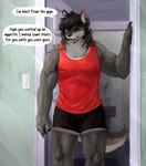 anthro brown_eyes canid canine canis clip_studio_paint_(artwork) clothed clothing dialogue digital_media_(artwork) door english_text fully_clothed fur grey_body grey_fur grey_wall hi_res inside light_switch male mammal muscular muscular_anthro muscular_male offscreen_character red_clothing red_shirt red_topwear shirt silverfang725 sleeveless_shirt solo speech_bubble story story_in_description tail text topwear wolf zack_(silverfang725)