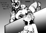 2023 american_opossum anthro big_breasts black_and_white bodily_fluids breast_size_difference breasts cleavage clothed clothing dialogue didelphid duo english_text eyewear fallout female glasses hi_res hladilnik janice_(hladilnik) lagomorph leporid mammal marsupial marylin_(hladilnik) microsoft monochrome panicking rabbit raider_(fallout) sweat text virginia_opossum