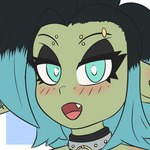 1:1 2021 absurd_res black_hair blue_eyes blue_highlights blush blush_lines collar cute_fangs digital_drawing_(artwork) digital_media_(artwork) eyebrow_piercing eyelashes eyeshadow facial_piercing female female_humanoid gentlemannco goblin green_body green_ears green_face green_skin hair headshot_portrait hi_res highlights_(coloring) humanoid humanoid_pointy_ears leora_(kibix1) looking_at_viewer makeup not_furry open_mouth open_smile piercing portrait smile smiling_at_viewer solo