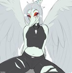 2024 amber_eyes anthro artist_name bedroom_eyes blush bone_frill bottomwear cavemanon_studios clothing digital_drawing_(artwork) digital_media_(artwork) dinosaur eyelashes eyeliner fang_(gvh) feathered_wings feathers female frill_(anatomy) goodbye_volcano_high grey_body grey_scales hair halter_top hi_res jewelry long_hair looking_at_viewer makeup midriff narrowed_eyes navel necklace pants prehistoric_species pterodactylus pterosaur reptile scales scalie seductive silver_hair simple_background smile snoot_game snout solo talking_to_viewer torn_bottomwear torn_clothing torn_pants watermark white_background wings yeik_art