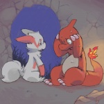 1:1 cave charmeleon duo female feral fire flaming_tail fur generation_1_pokemon generation_3_pokemon kemono lizard low_res male markings nintendo orange_body orange_skin pizademokttero pokemon pokemon_(species) red_markings reptile scalie semi-anthro short_story simple_background sitting story story_in_description tail white_body white_fur zangoose