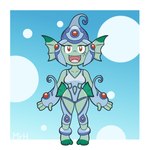 amphibian animal_humanoid bandai_namco breasts clothed clothing cute_fangs digimon digimon_(species) el_senor_erizo female fish fish_humanoid green_body green_skin headgear hi_res humanoid marine marine_humanoid ranamon red_eyes smile solo