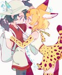 animal_humanoid breasts clothed clothing duo eye_contact felid felid_humanoid feline feline_humanoid female hat headgear headwear hi_res humanoid japanese_text kaban-chan kemono_friends looking_at_another mammal mammal_humanoid serval-chan serval_humanoid takoya_de text