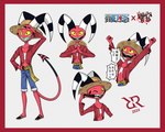 5:4 absurd_res alternate_universe anthro clothing demon fizzarolli_(helluva_boss) hat headgear headwear helluva_boss hi_res horn humanoid imp male model_sheet monkey_d._luffy one_piece pirate red_clothing red_shirt red_topwear ricaudrios shirt smile solo straw_hat stretching tail teeth topwear