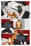 2:3 5_fingers abs anthro anthro_on_anthro balls bed bedroom bedroom_eyes black_penis blonde_hair brown_body brown_fur brown_hair bulge butt butt_grab camera canid canine canis clothed clothing clothing_lift comic countershading dialogue dobermann domestic_dog dream_and_nightmare ear_piercing english_text eyes_closed facial_hair felid fingers foreskin fur furniture gauged_ear genitals group hair hand_on_butt hands_behind_head hi_res humanoid_genitalia humanoid_penis imminent_sex kissing lagomorph leporid male male/male mammal multicolored_body multicolored_fur muscular muscular_anthro muscular_male muscular_thighs narrowed_eyes night_(dream_and_nightmare) nipples nude pantherine pecs penis piercing pinscher porn_studio rabbit rex_(dream_and_nightmare) rick_(dream_and_nightmare) seductive shirt shirt_lift smile sofa speech_bubble stage_lights striped_body striped_fur stripes studio text thought_bubble tiger tight_clothing topwear trio