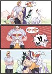 anthro big_breasts braixen breasts clothed clothing delphox exclamation_point female fully_clothed generation_5_pokemon generation_6_pokemon generation_8_pokemon generation_9_pokemon group hi_res hisuian_form hisuian_typhlosion human larger_male lemonbizate male mammal meowscarada mienshao muscular muscular_male nintendo pokemon pokemon_(species) question_mark regional_form_(pokemon) shadowed_eyes size_difference speech_bubble tail