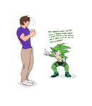 anthro archie_comics bet bet_condition bulge clothed clothing comic comparison_bet dialogue duo english_text eulipotyphlan fur green_body green_fur grin harness hedgehog hi_res human jackofak male mammal piercing scourge_the_hedgehog sega sharp_teeth simple_background size_difference smile sonic_the_hedgehog_(archie) sonic_the_hedgehog_(comics) sonic_the_hedgehog_(series) talking_to_another teeth text