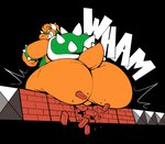 2020 anthro balls barely_visible_balls barely_visible_genitalia big_butt boot_(artist) bowser bracelet butt butt_slam genitals hair huge_butt jewelry koopa looking_back male mario_bros nintendo orange_body orange_hair rear_view scalie shell solo sound_effects spiked_bracelet spiked_shell spikes spikes_(anatomy) super_mario_bros._3 toothy_grin