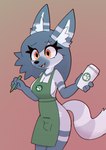 anthro apron blue_hair breasts bulge canid canine cleavage clothed clothing clumsypaws coffee_cup container cup gynomorph hair hi_res i_mean_breast_milk inner_ear_fluff intersex mammal maned_wolf meme orange_eyes partially_clothed solo tail trans_(lore) trans_woman_(lore) tuft writing_utensil