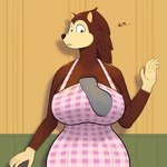 1:1 absurd_res animal_crossing anthro big_breasts breasts brown_body brown_fur clothed clothing clothing_grab curvy_figure dress eulipotyphlan female fur hedgehog hi_res huge_breasts jigglephysics mammal nintendo offscreen_character pink_clothing pink_dress sable_able solo surprise