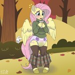 angel_(mlp) anthro autumn autumn_leaves blush bodily_fluids bottomwear clothes_falling_off clothing coffee_cup container crying cup diaper embarrassed equid equine feathered_wings feathers female fluttershy_(mlp) friendship_is_magic genital_fluids hasbro hi_res leggings legwear mammal my_little_pony mythological_creature mythological_equine mythology nature nature_background pattern_diaper pegasus plant scheming shrub skirt solo standing stargal_galexi surprised_face sweater tears topwear tree unclean_diaper urine used_diaper wet_diaper wings