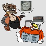 1:1 annoyed anthro big_breasts big_butt bite biting_lip breasts butt canid canine canis clothing coyote cybernetic_limb cybernetics cyborg duo ear_piercing ear_ring facial_piercing fox gesture hand_gesture hi_res hook_(moustachedpotatoes) huge_butt humor jacket machine male mammal meme moustachedpotatoes narrowed_eyes nonbinary_(lore) nose_piercing nose_ring orange_clothing orange_jacket orange_topwear photography_(artwork) piercing pointing ring_piercing rychen shitpost squint stuck stuck_in_door topwear wide_hips