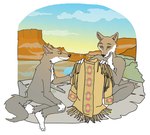 3_toes american_mythology anthro arm_tuft back_tuft bent_legs biped black_nose blue_sky brown_eyebrows buckskin butt_tuft canid canine canis canyon casual_nudity cheek_tuft chest_tuft clothing colored coyote coyote_(native_american_mythology) coyote_stories curled_tail curling_tail desert digital_drawing_(artwork) digital_media_(artwork) duo eye_contact eyebrows facial_tuft feet feet_together_knees_apart female flat_chested flat_colors fluffy fluffy_tail fur gloves_(marking) gradient_sky grey_body grey_fur half-closed_eyes hand_on_knee hand_on_leg handmade hip_tuft holding_clothing holding_object holding_shirt holding_topwear humanoid_feet humanoid_hands humanoid_heel husband husband_and_wife illustration indigenous_north_american_mythology kneeling knees_bent lake leg_markings leg_tuft looking_at_another looking_at_partner male male/female mammal markings married married_couple mesa_(landscape) molly_trainor mountain multicolored_body multicolored_fur mythology narrowed_eyes natural naturally_censored north_american_mythology nude nude_anthro nude_female nude_male on_rock open_mouth outdoor_nudity outside partners plant plantigrade pleased pleased_expression pleasured_male public_domain river rock sand shaded shirt shoulder_tuft shrub sitting sky slim_female smile smiling_at_another smiling_at_partner social_nudity socks_(marking) story story_at_source suit tail talking_to_another tan_clothing tan_shirt tan_suit tan_topwear toes topwear tuft two_tone_body two_tone_fur water white_body white_chest white_feet white_fur white_hands white_sclera wife yellow_eyes yellow_sky