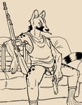 anthro armpit_hair balls body_hair bottomless bottomless_anthro bottomless_male chuff_(ganii) cigarette cigarette_in_mouth clothed clothing flaccid footwear fur furniture ganii genet genitals glans gun handgun hi_res holding_gun holding_handgun holding_object holding_pistol holding_ranged_weapon holding_weapon humanoid_genitalia humanoid_penis looking_at_viewer male mammal monochrome object_in_mouth on_sofa penis pistol pubes ranged_weapon rifle shirt sitting sitting_on_sofa socks sofa solo tail tank_top topwear viverrid weapon yellow_and_black