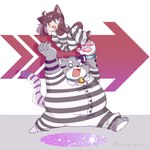 1:1 anthro brown_body brown_fur bygul cat_operator domestic_cat duo felid feline felis female fur hi_res lifewonders live_a_hero male mammal overweight prison_uniform protagonist_(live_a_hero) purple_body purple_fur raimugi_rararai running striped_body striped_fur stripes