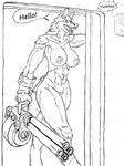 abs absurd_res anthro biceps breasts canid clitoris clothing dialogue digital_drawing_(artwork) digital_media_(artwork) english_text female fur genitals gloves greeting gun handwear hi_res humanoid_genitalia humanoid_pussy kofomy mammal monochrome muscular muscular_anthro muscular_female nipples nude pussy ranged_weapon simple_background solo speech_bubble text thick_thighs weapon white_background