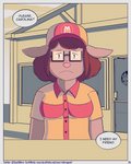 2020 4:5 anthro biped carolina_(mikrogoat) clothed clothing comic detailed_background dialogue english_text eyewear fast_food female food glasses hat headgear headwear hi_res mammal mikrogoat mouse murid murine outside rodent shirt solo speech_bubble text topwear uniform url