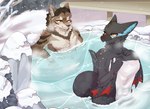 anthro beak big_breasts breasts capcom duo female flying_wyvern fur hair hi_res hot_spring male monster_hunter nargacuga onsen partially_submerged smile snow_angel_(artist) towel water wings