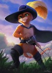 anthro belt boots cape clothing cloud dankitsune digital_media_(artwork) domestic_cat dreamworks eyeliner felid feline felis footwear fur fuzzy grass green_eyes hat headgear headwear hi_res low-angle_view makeup male mammal melee_weapon nature nature_background orange_body orange_fur outside pawpads plant puss_in_boots_(character) puss_in_boots_(dreamworks) rapier shoes signature sky smile solo standing sword tabby_cat tree weapon whiskers