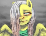 5:4 bodily_fluids clothing creepy elderly equid equine feathered_wings feathers female feral fluttershy_(mlp) friendship_is_magic fur green_eyes grey_hair hair hair_over_eye hasbro long_hair looking_at_viewer mammal my_little_pony mythological_creature mythological_equine mythology one_eye_obstructed pegasus sad scarf scark simple_background smile solo tears wings xxkatrynaxx yellow_body yellow_feathers yellow_fur