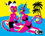 2021 absurd_res alcohol anthro beverage bikini black_bikini black_clothing black_hair black_swimwear body_hair butt cartoon_network cartoon_network_palette_challenge chest_hair clothed clothing cmyk cocktail demon digital_media_(artwork) duo female foot_in_water forked_tail freckles hair hand_holding heart_eyes heart_symbol helluva_boss hi_res horn imp male male/female millie_(helluva_boss) moxxie_(helluva_boss) nedeeress not_furry palm_tree pink_body pink_skin plant racerback_bikini restricted_palette sharing_drink shirtless skimpy sky summer surfboard swimming_trunks swimwear tail tree two-piece_swimsuit unusual_anatomy unusual_tail wet white_hair y_shaped_butt_crack yellow_sclera yellow_sky