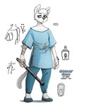 2024 ambiguous_gender anthro bandage biped blood bodily_fluids claws clothed clothing cobalt_snow conditional_dnp domestic_cat english_text eyebrows felid feline felis fingers fur holding_object hospital_gown mammal scar solo tail text white_body white_fur