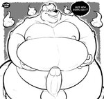 2024 anthro balls belly big_belly c-trigger dialogue english_text erection genitals hi_res male mammal monochrome moobs murid murine nipples overweight overweight_male penis rat rodent simple_background solo text