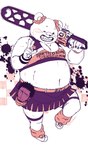 anthro bear belly bepo_(one_piece) blush chainsaw chainsaw_sword cheerleader_outfit clothed clothing cosplay crossdressing duo fur hi_res human lollipop_chainsaw male mammal nekokat42 one_eye_closed one_piece overweight polar_bear power_tool tools trafalgar_law ursine white_body white_fur wink