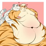 1:1 2024 anthro belly belly_grab big_belly black_text blep digital_media_(artwork) duo eyes_closed felid fur hair heart_symbol hi_res huge_belly kissing kissing_cheek looking_at_another male male/male mammal moobs narrowed_eyes nude obese orange_body orange_fur overweight pantherine pink_background reppu short_hair simple_background stretch_marks stripes tail text three-quarter_view tiger tongue tongue_out white_body white_fur white_hair