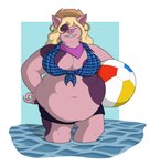 2022 anthro ball beach_ball belly bent_leg big_belly big_breasts black_bottomwear black_clothing black_skirt blonde_hair blue_clothing blue_shirt blue_topwear bottomwear breasts brown_clothing brown_hat brown_headwear chubby_cheeks cleavage clothed clothing colored cowboy_hat curled_tail digital_drawing_(artwork) digital_media_(artwork) domestic_pig ear_piercing ear_ring eyes_closed female front_view gold_ear_ring hair hand_on_hip hat headgear headwear hi_res holding_beach_ball inflatable kerchief mammal multicolored_body multicolored_skin neckerchief neckwear notched_ear obese obese_anthro obese_female overweight overweight_anthro overweight_female partially_submerged pattern_clothing pattern_shirt pattern_topwear piercing pink_body pink_kerchief pink_neckerchief pink_skin pink_tail plaid plaid_clothing plaid_shirt plaid_topwear ring_piercing roxanne_(spidersoda) shaded shirt simple_background simple_shading skirt solo suid suina sus_(pig) tail theannoyingnpc thick_thighs thin_eyebrows tied_shirt toothy_grin topwear two_tone_body two_tone_skin two_tone_tail