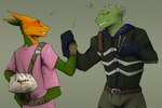 3:2 absurd_res anthro buddies dorohedoro duo eyes_closed gemini_the_sergal gesture green_body green_scales handshake hi_res kaiman_(dorohedoro) male multi_arm multi_limb multicolored_body scales smile smiling_at_another smiling_at_each_other starfallhybrid_(artist)