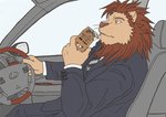 2008 5_fingers anthro archived_source beverage bottomwear brown_mane business_suit car clothing coffee day digital_media_(artwork) drinking drinking_straw driving felid fingers fur holding_object humanoid_hands inside_car jacket kedama kemono lexus_(car) lion male mammal mane necktie pantherine pants shirt sitting solo suit tan_body tan_fur topwear vehicle yellow_eyes