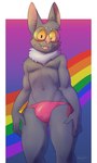 2021 anthro artbyyellowdog bat bikini_thong blush bulge clothing digital_media_(artwork) eyewear fur glasses grey_body grey_fur hi_res lgbt_pride male mammal nervous_smile pride_color_background pride_colors rainbow rainbow_background rainbow_pride_colors rainbow_symbol sean-zee_petit shaded simple_background six-stripe_rainbow_pride_colors solo swimwear yellow_eyes